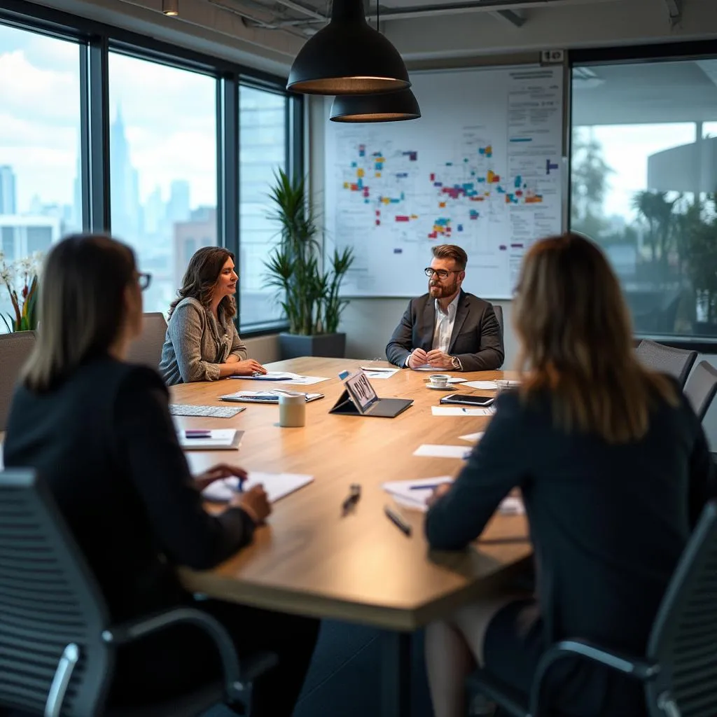 Sala de reuniones moderna con equipo de consultores